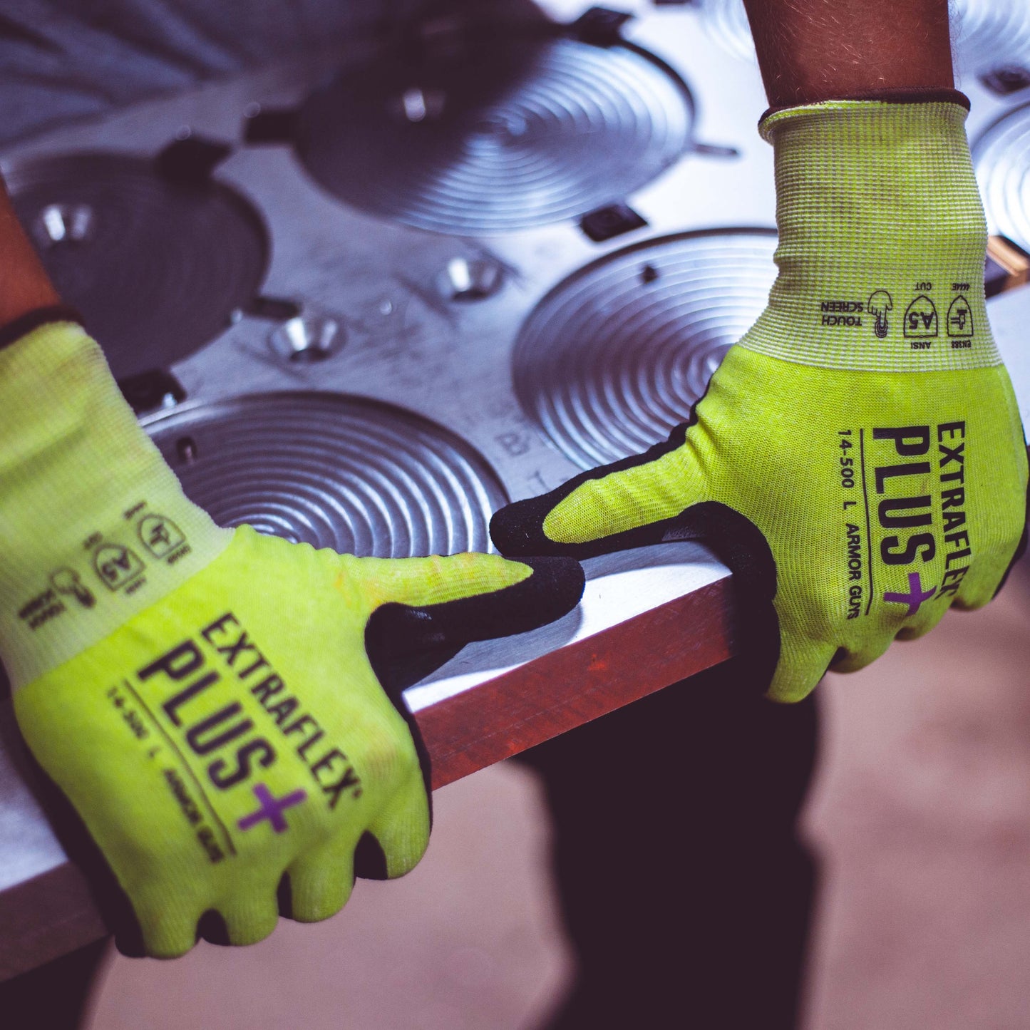 14-500 Extraflex® Plus Gloves – ANSI A5 Cut Resistance, Hi-Vis Safety, Oil Grip, Touchscreen-Compatible
